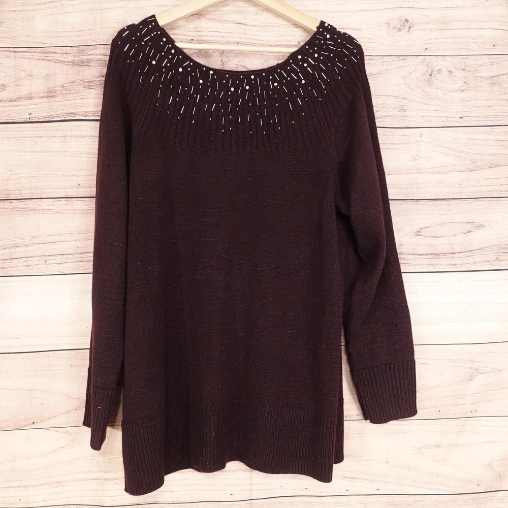 New!‎ Apt. 9 Sweater Womens 1X Purple Beaded Rhinestone Scoop Neck Pullover Knit